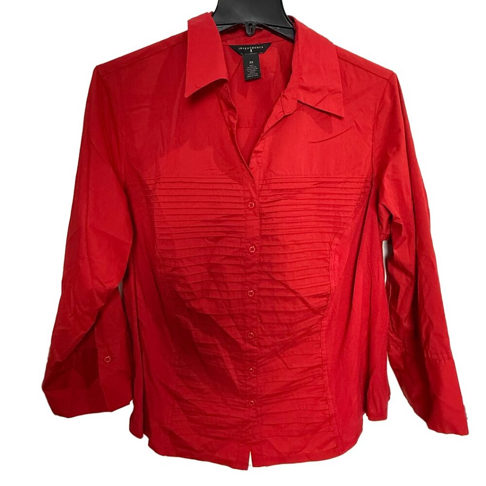 Investments Women's Red Blouse V-Neck Front Tiny Pleats Size 3X